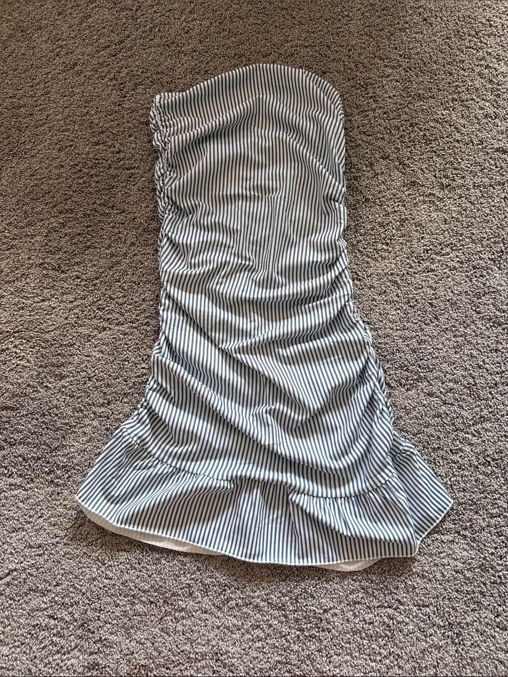 Edikted Striped Strapless Ruffle Hem Dress - Slate blue and White